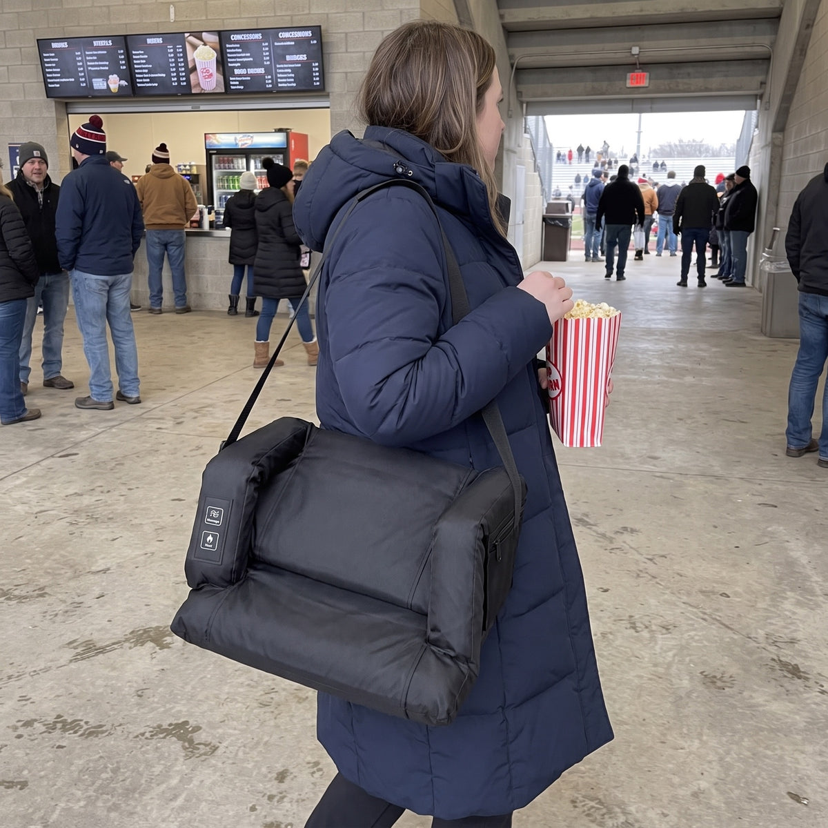 Carrying the folded Benchwarmer seat by its strap